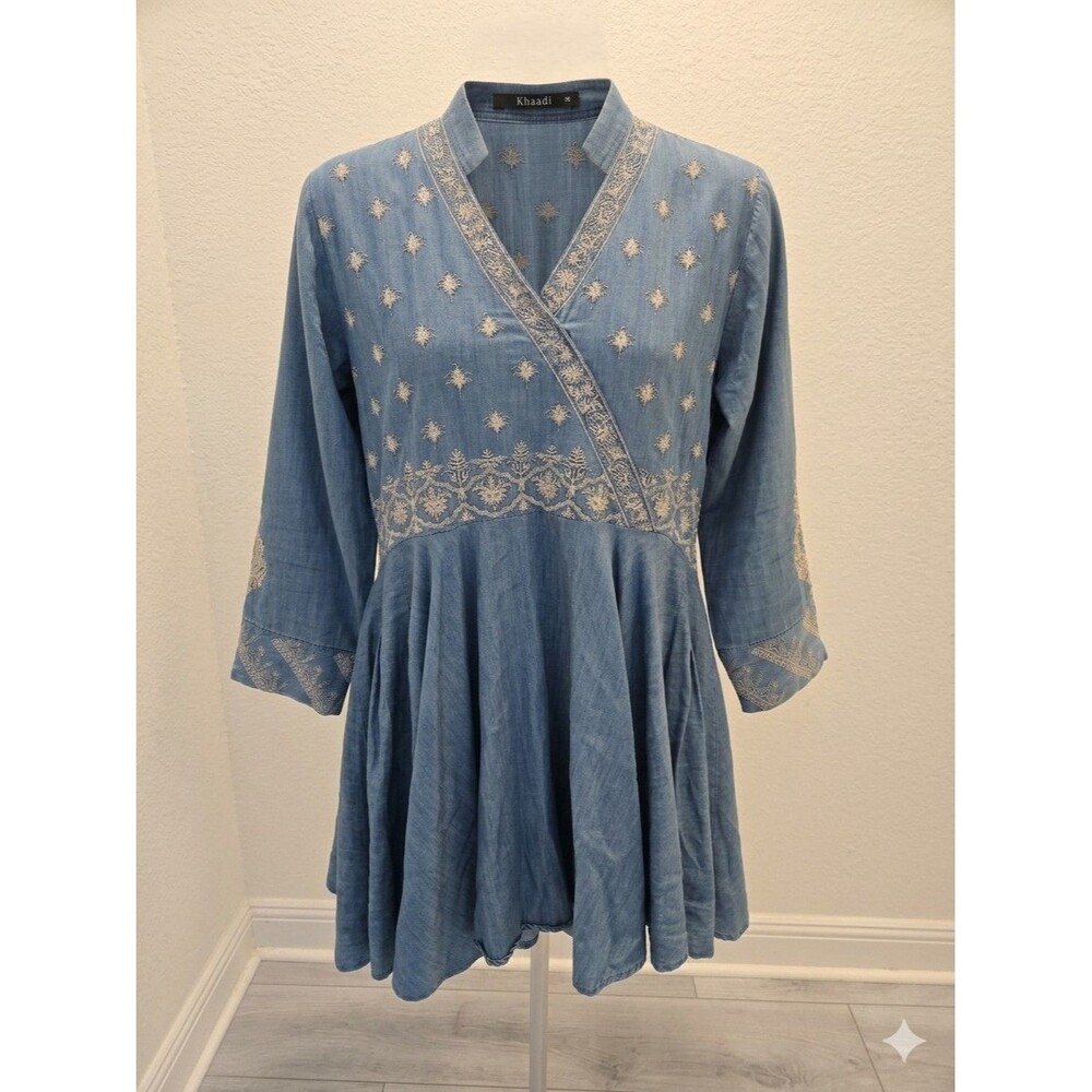 Khaadi Shirt 10 Blue Chambray Denim Brocade Embroidered Peplum Pleat Flowy Women